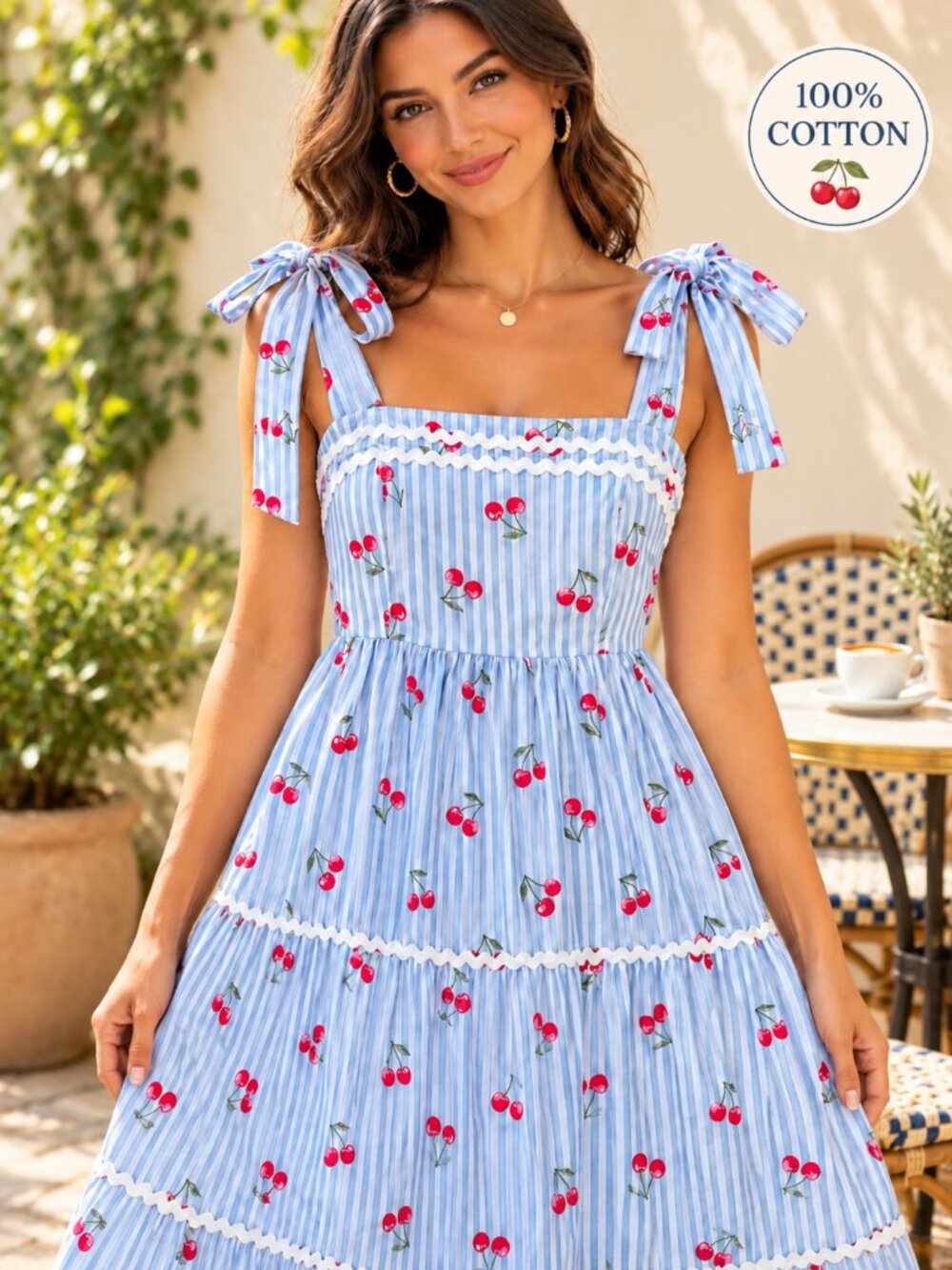 Rachel Zoe Blue Striped Cherry Print Bow Strap Maxi Dress Size 6 NWT
